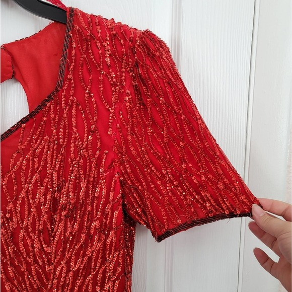 Vintage Sténay Red Beaded Open Back Midi Short Silk Shell Dress Size XL - Picture 3 of 7